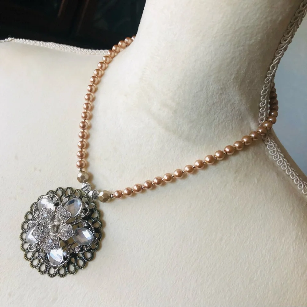 Handcrafted repurpose floral stone filigree pendant Czech glass Pearl necklace